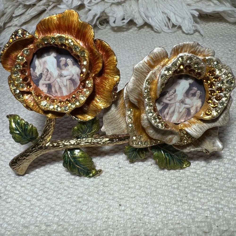 Rucinni‎ Ornate Double Rose Picture Frame Rhinestone Vintage Style Gold Tone
